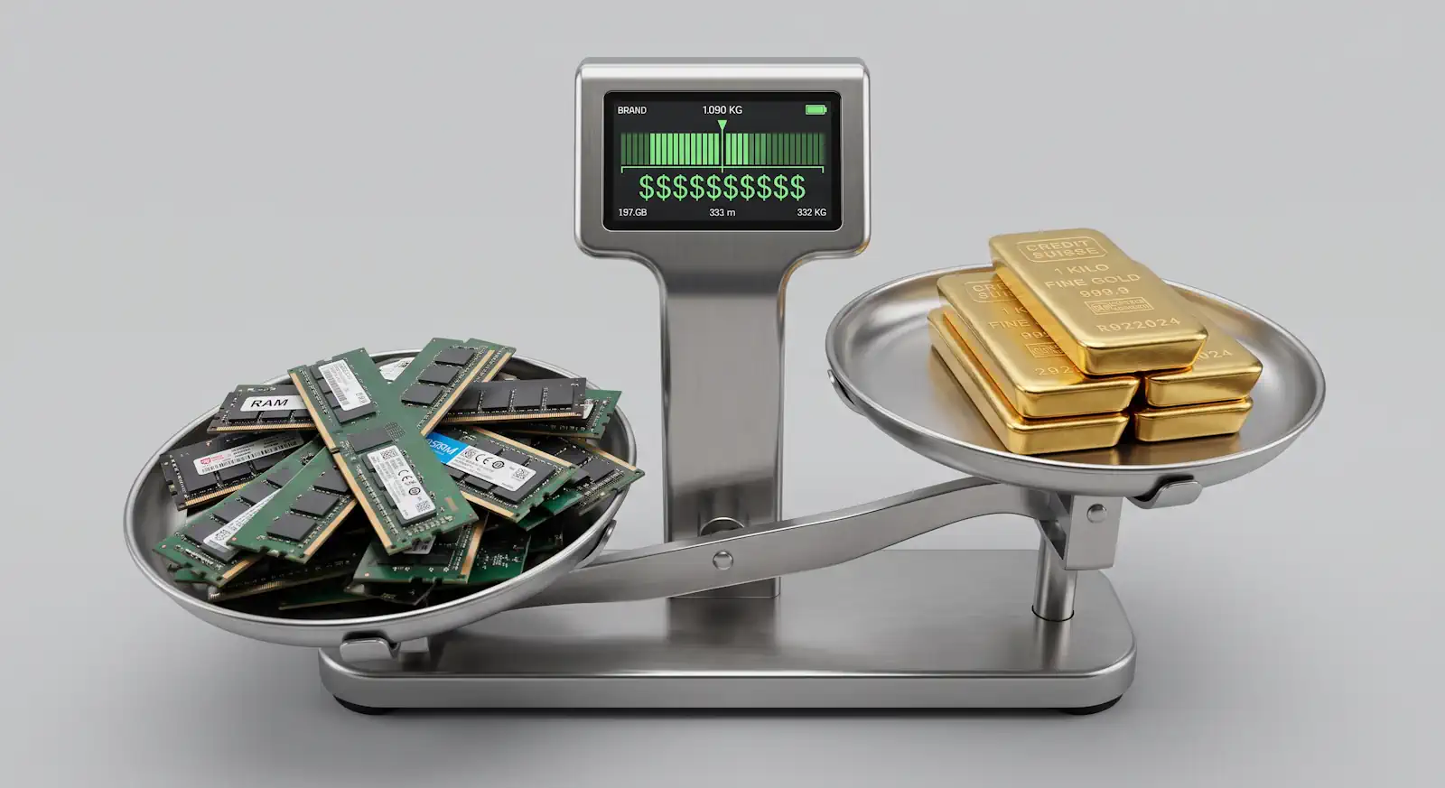 Scales with memory on one side and bars of gold on the other - memory is more precious