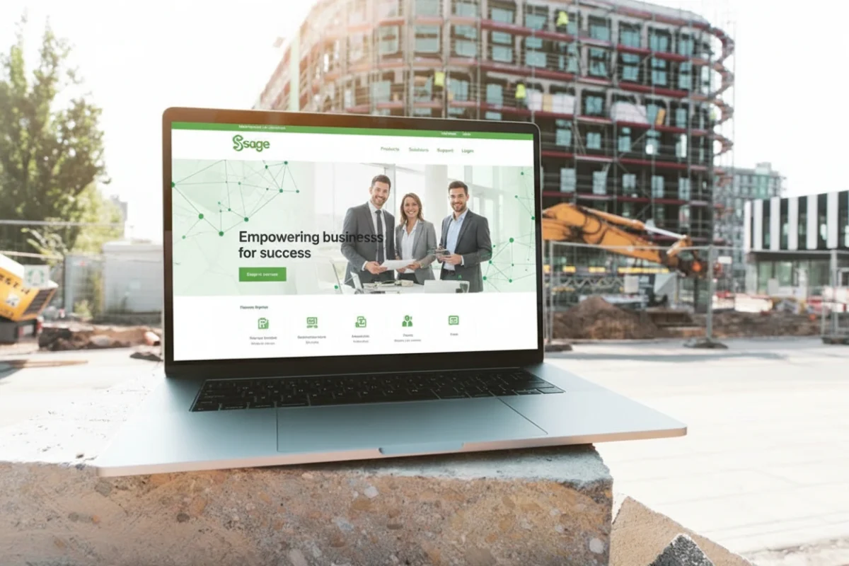 Notebook with Sage website on-screen with construction background