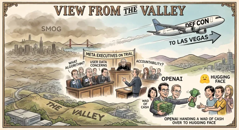 silicon valley august 2026 illustration: includes San Francisco, smog, a plane labelled DEF CON heading to Las Vegas, a courtroom with Meta executives on trial, and OpenAI handing a wad of cash over to Hugging Face