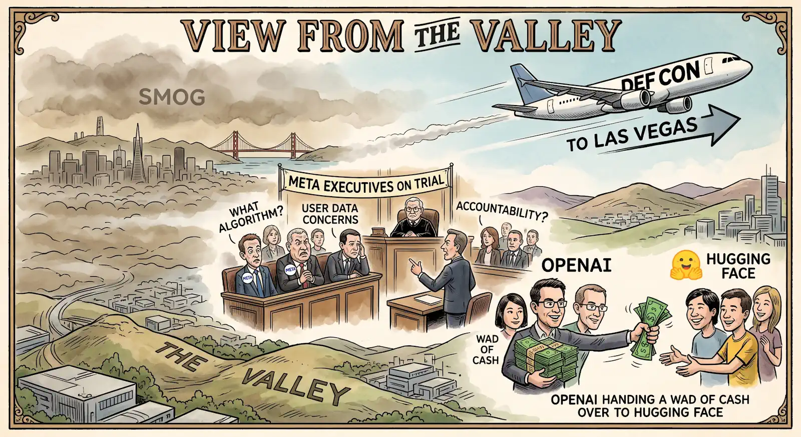 silicon valley august 2026 illustration: includes San Francisco, smog, a plane labelled DEF CON heading to Las Vegas, a courtroom with Meta executives on trial, and OpenAI handing a wad of cash over to Hugging Face
