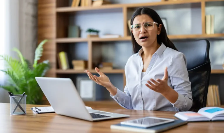 woman frustrated using laptop at work