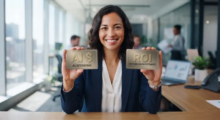 Professional woman holding up a token showing AI dollars in one hand and ROI in the other