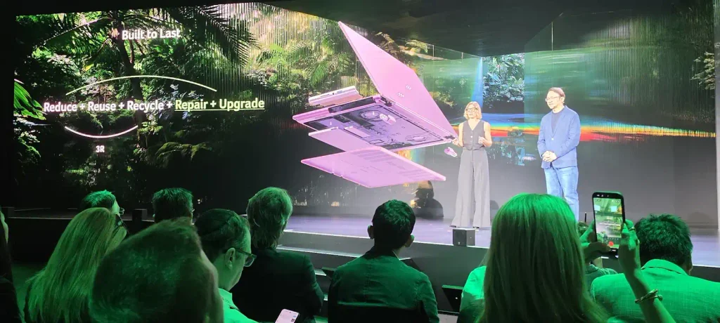 Acer EMEA Vice President Valerie Piau on-stage with Jason Chen at Acer's IFA 2026 conference to launch the Acer Vero 16