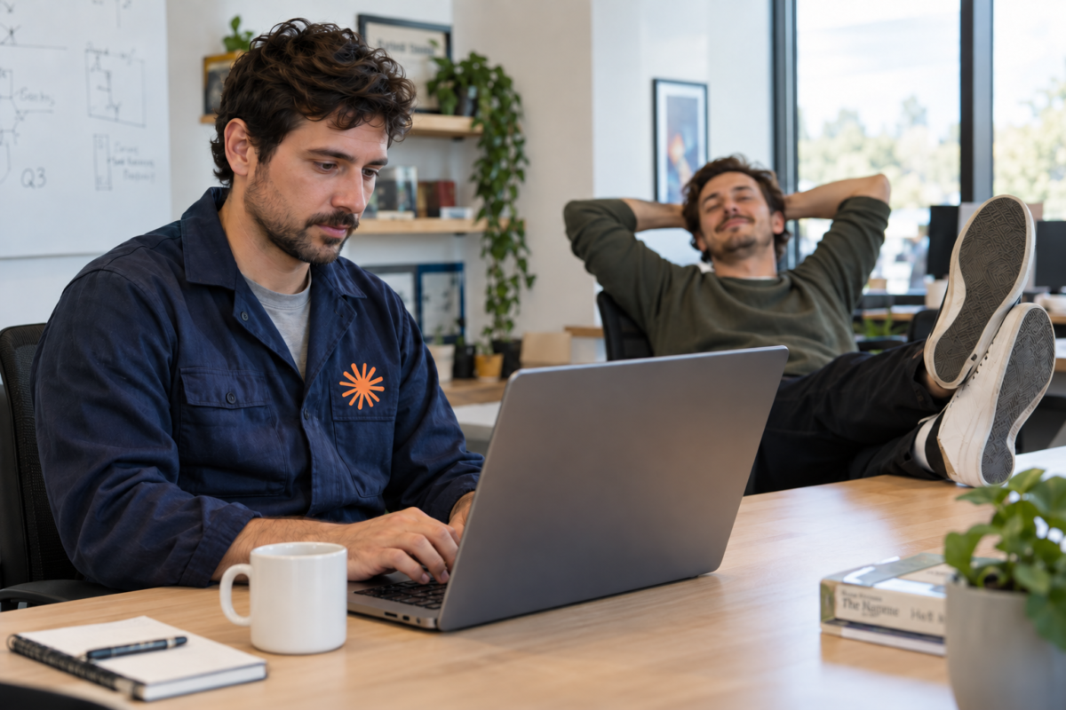 Claude-branded employee sitting at laptop