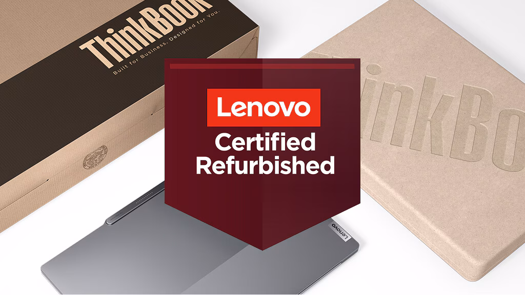 An overhead photograph of a grey Lenovo laptop next to cardboard "ThinkBook" packaging, partially obscured by a central dark red banner that reads "Lenovo Certified Refurbished" in white and red text. In the background are two "ThinkBook" boxes—one dark brown and cardboard with text that says "Built for Business. Designed for You," and one lighter, textured beige eco-friendly box with embossed "ThinkBook" lettering.