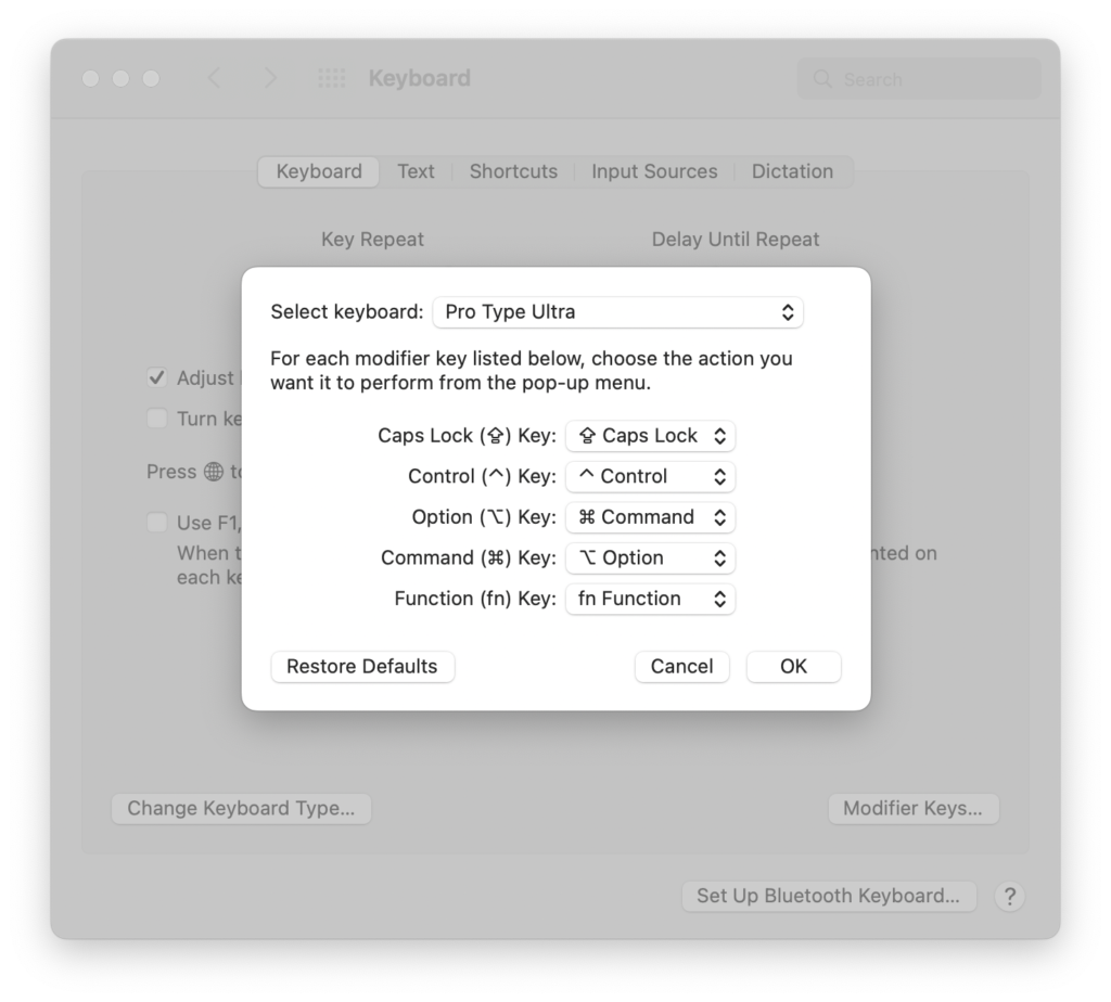 Mac Keyboard preferences screen