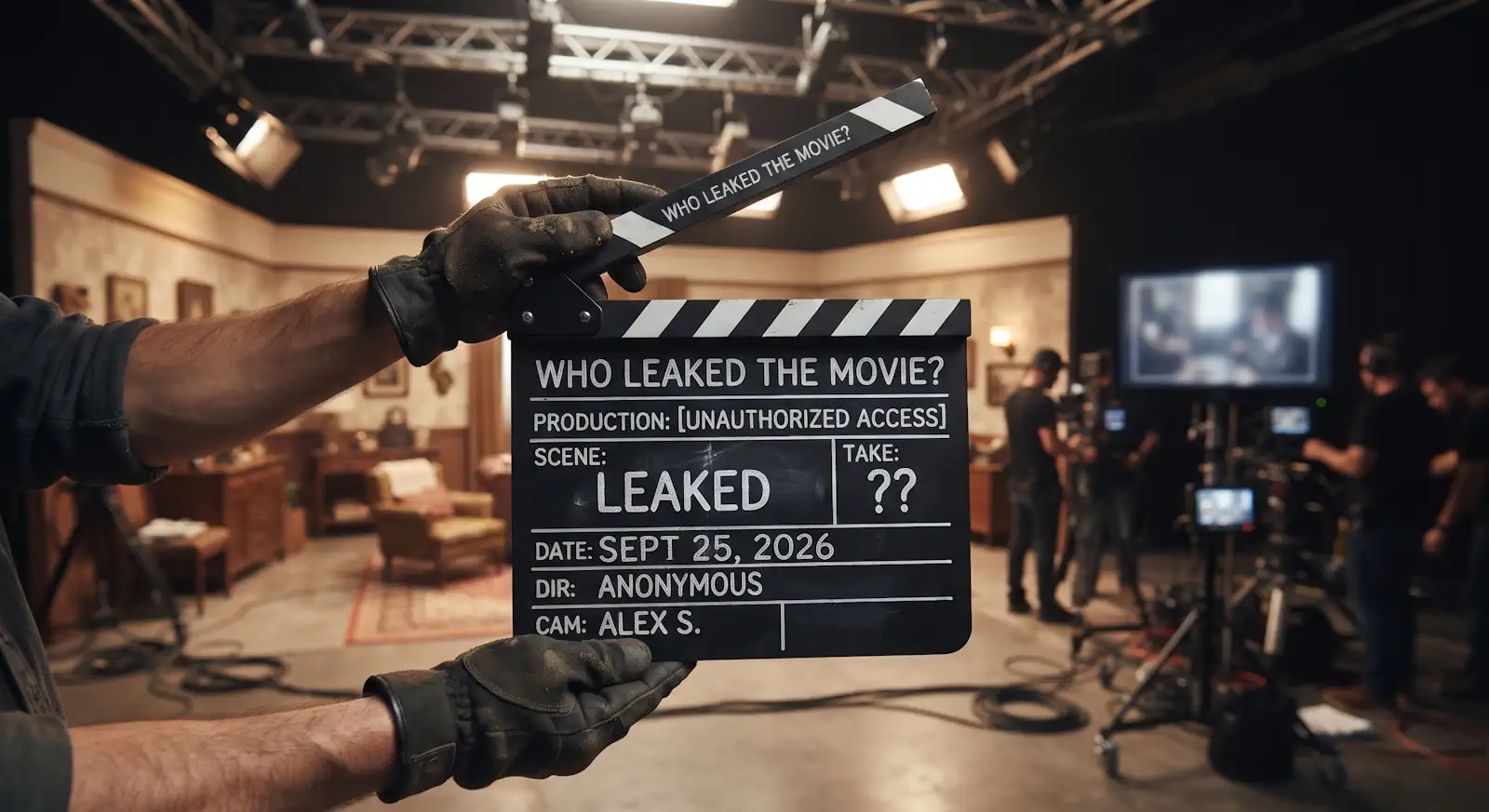 movie clipboard with "WHO LEAKED THE MOVIE?" written on it against a backdrop of a movie set
