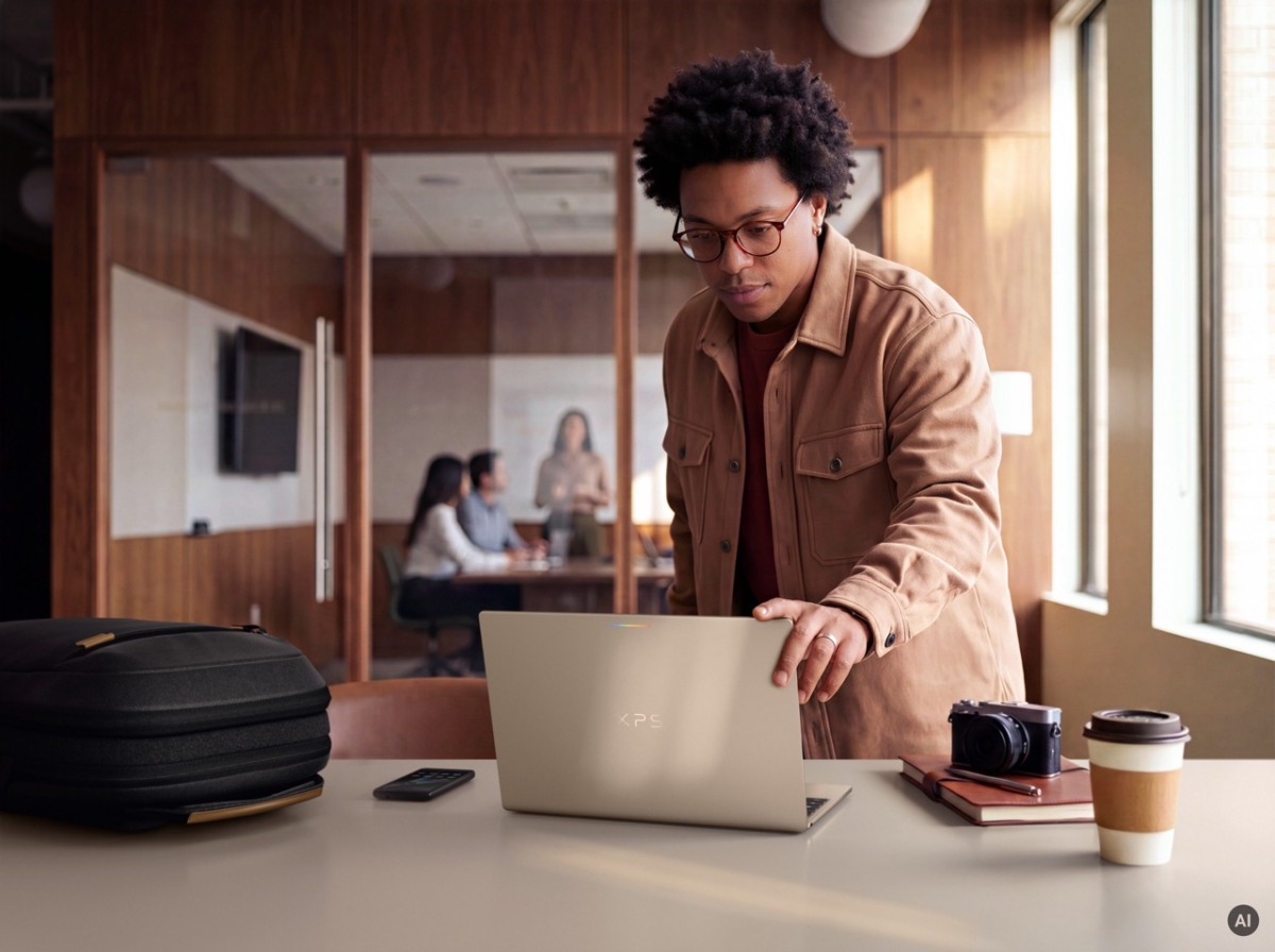 Man with Dell Googlebook in office