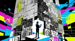 lone figure in suit stands in front of tower that resembles data structure