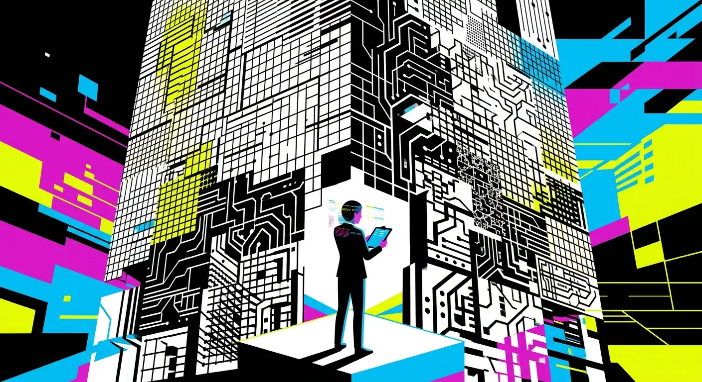 lone figure in suit stands in front of tower that resembles data structure