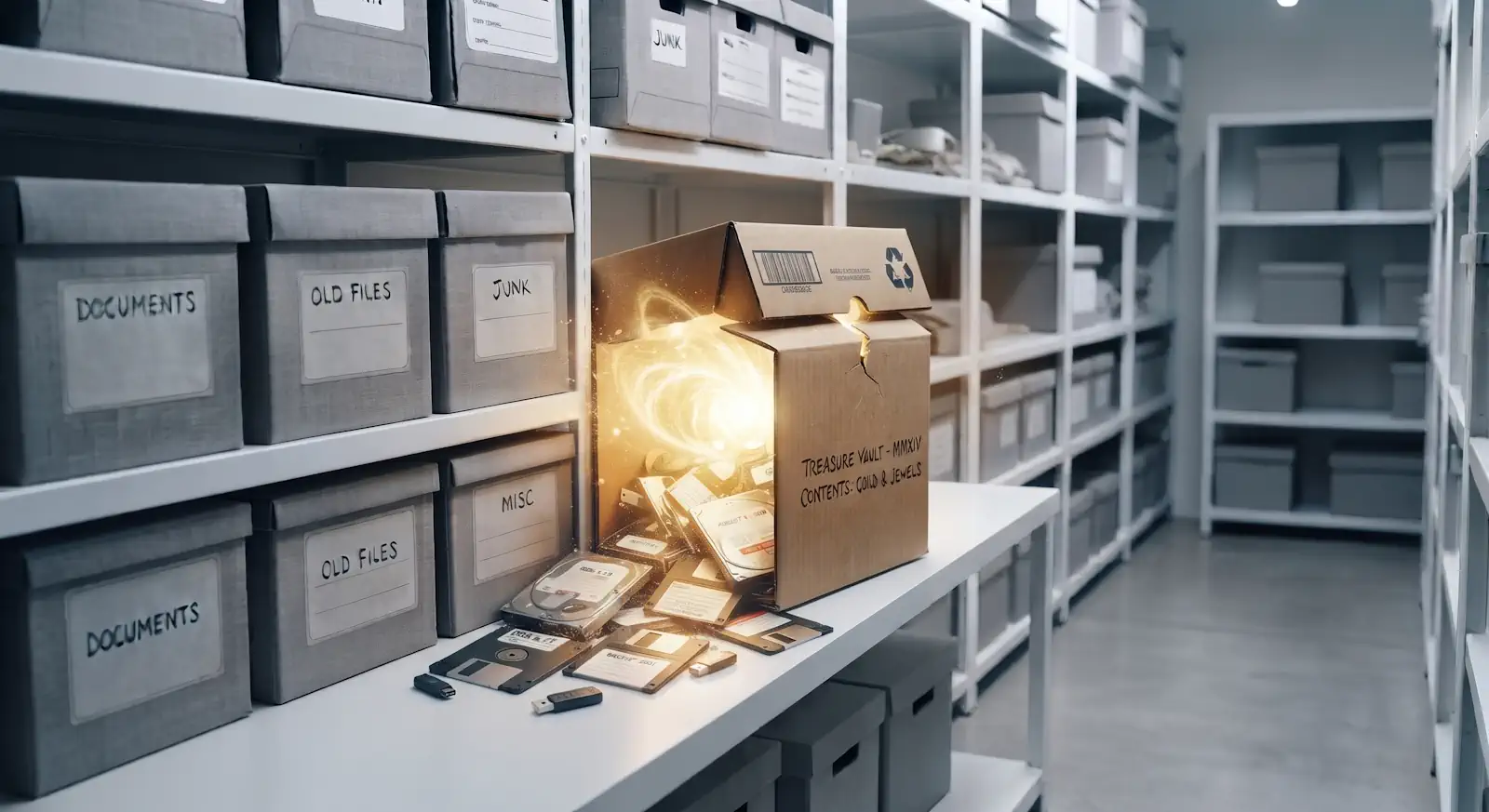 boxes in storage with one glowing gold that contains valuable data