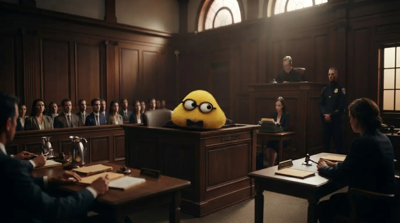 Image of a ChatGPT Dot (announced yesterday) sitting in a witness box during a court case