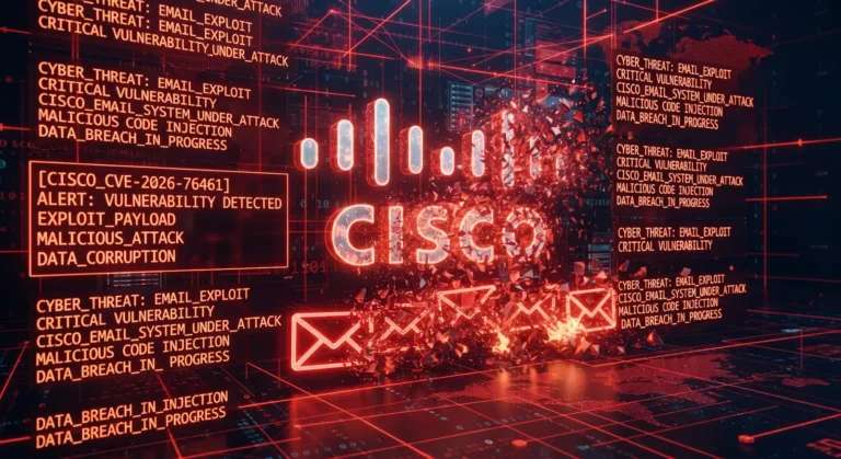cisco email parsing vulnerability illustrated by red CISCO logo with disintegrating email logos