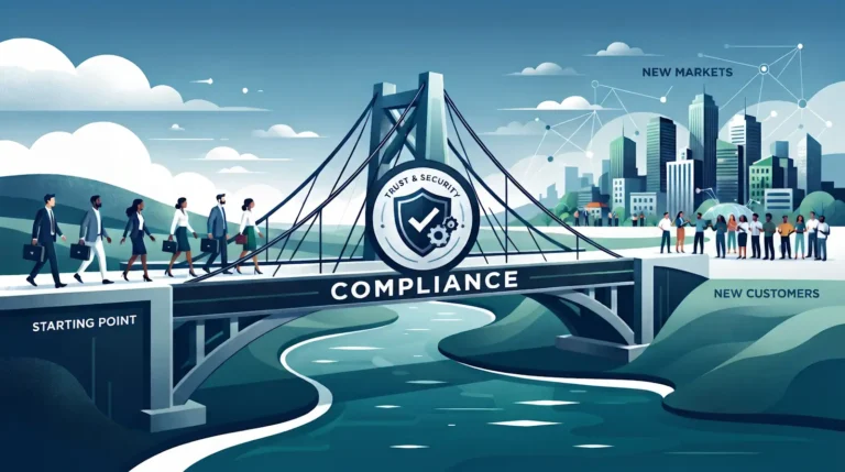 illustration of company employees crossing a bridge labelled “Compliance” towards new customers and markets.