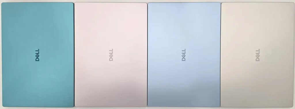 Velvet Green, Dusty Rose, Washed Denim and Linen Dell 14S lids side by side