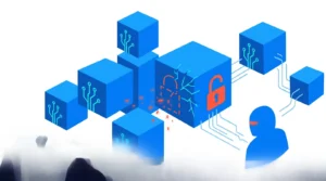 dropbox hackers abstract - blue boxes being attacked by hooded hacker