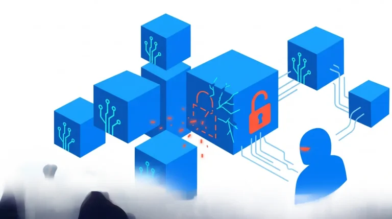 dropbox hackers abstract - blue boxes being attacked by hooded hacker