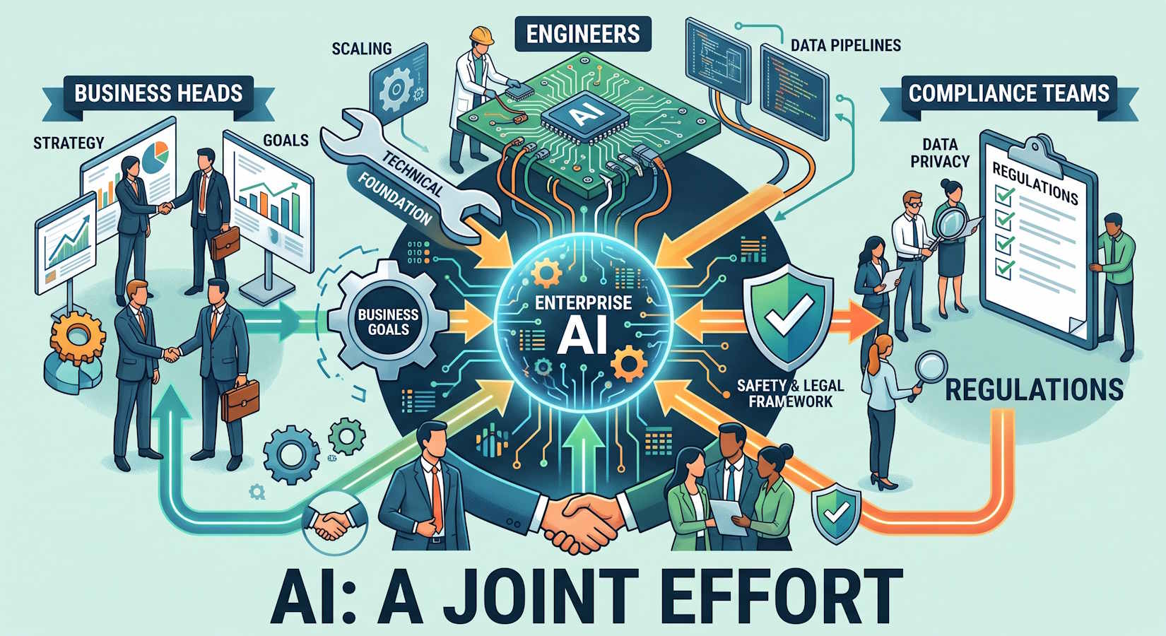 illustration illustrating that enterprise AI will only work in partnership with business heads, engineers and compliance teams