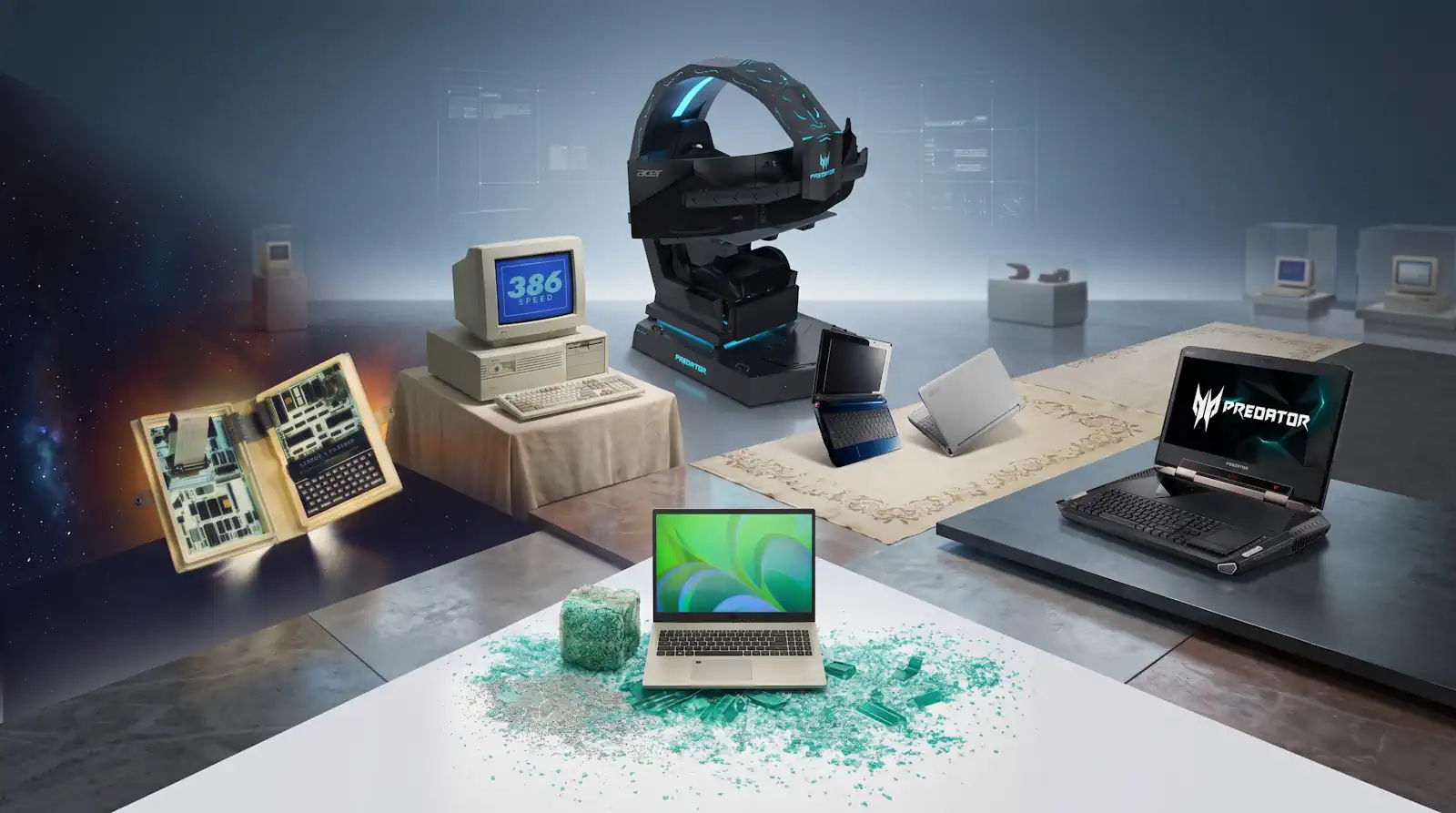 composite image in historic style of six Acer products