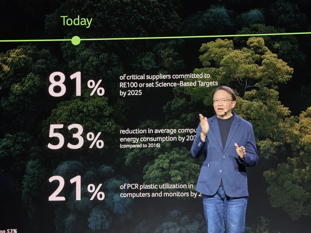 Jason Chen Acer CEO on-stage at IFA 2026 talking about Acer's sustainability goals (image: TechFinitive)