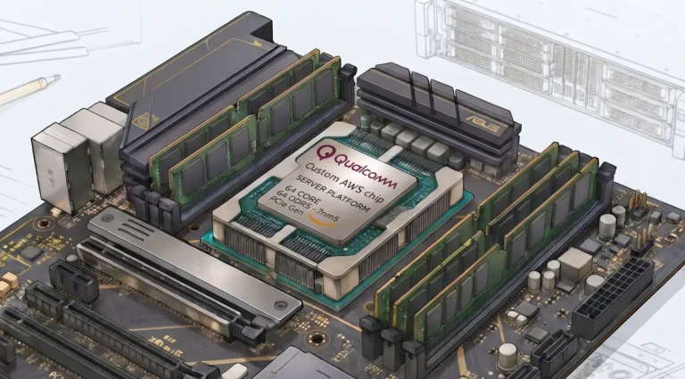 image of a processor in a motherboard with Qualcomm and AWS branding on the CPU