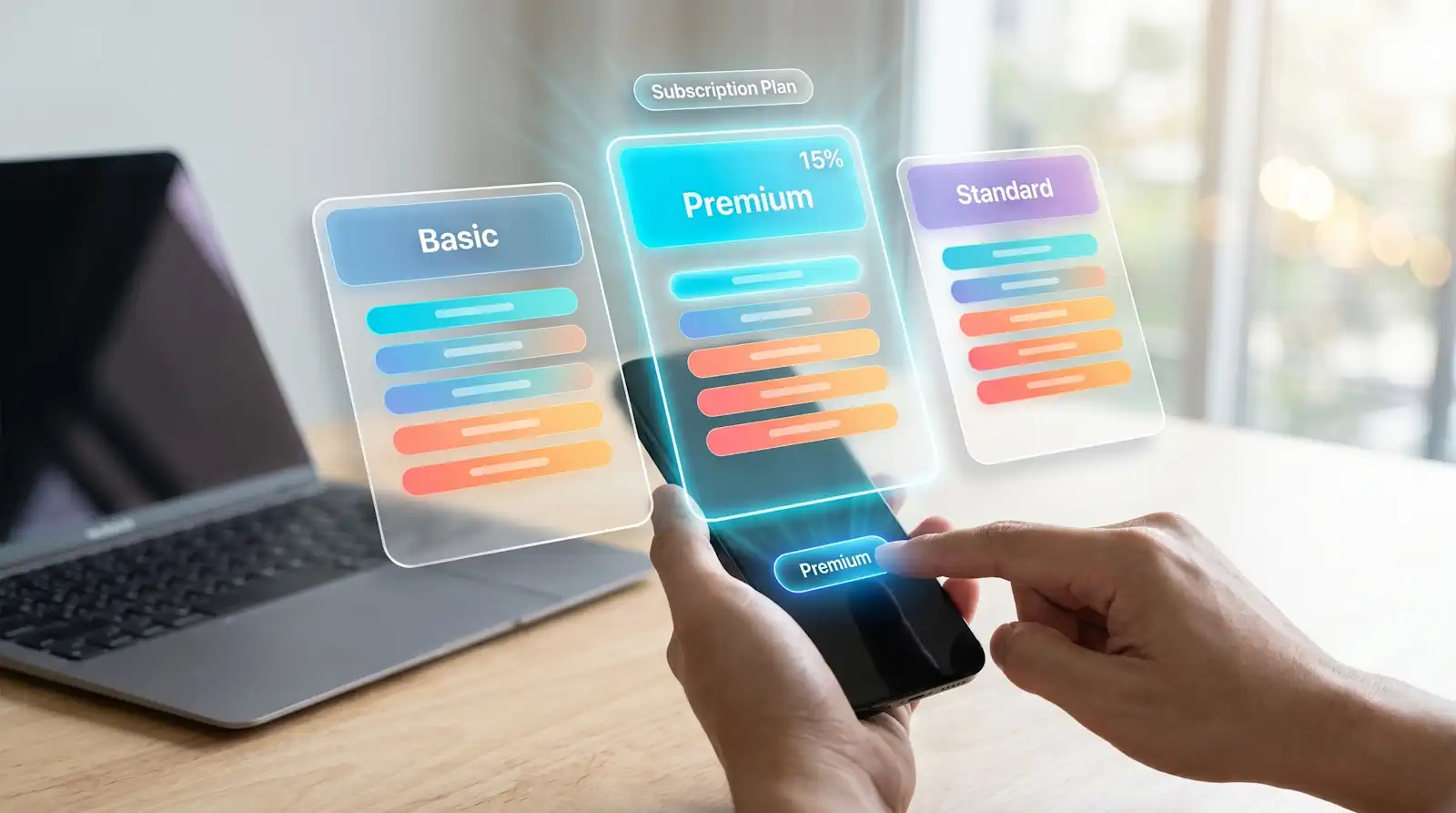 banking subscription management illustration shown by person signing up for yet another subscription on their phone