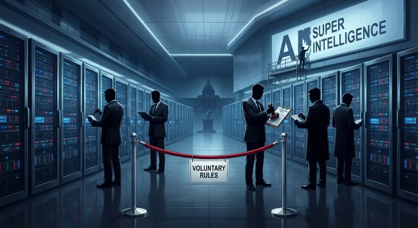 editorial illustration about AI companies securing voluntary self-regulation instead of binding government oversight. Show a gleaming futuristic AI data centre guarded by a flimsy velvet rope labelled “Voluntary Rules,” while powerful technology executives—depicted only as anonymous corporate silhouettes—inspect their own machines and stamp their own approval forms.
