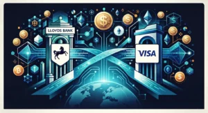 illustration to show VISA and Lloyds bank working together with a cryptocurrency background
