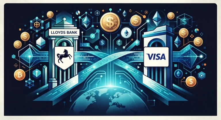 illustration to show VISA and Lloyds bank working together with a cryptocurrency background
