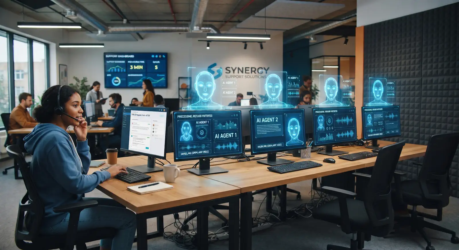 image of a customer support office where there are four AI agents and one human agent, all sitting at screens handling customer calls and dealing with refunds and complaints