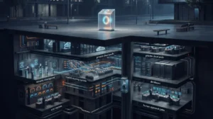 editorial illustration showing AI as only the visible tip of a vast infrastructure system. Above ground, a small glowing AI interface; beneath it, an enormous cutaway network of data centres, servers, private clouds, databases, security checkpoints, access controls, model-routing systems, cost meters and human approval gates.