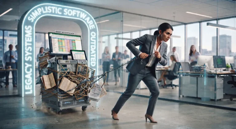 business woman pulling pile of old PCs and spreadsheets to represent legacy software and systems