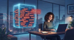 woman sitting happily at a laptop entering her password without realising that it's stored in clear text on a database somewhere