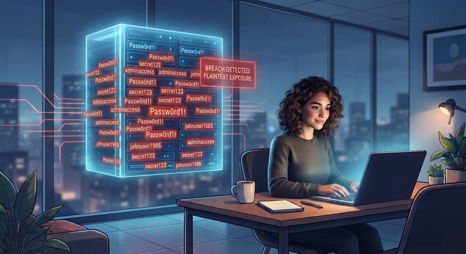 woman sitting happily at a laptop entering her password without realising that it's stored in clear text on a database somewhere