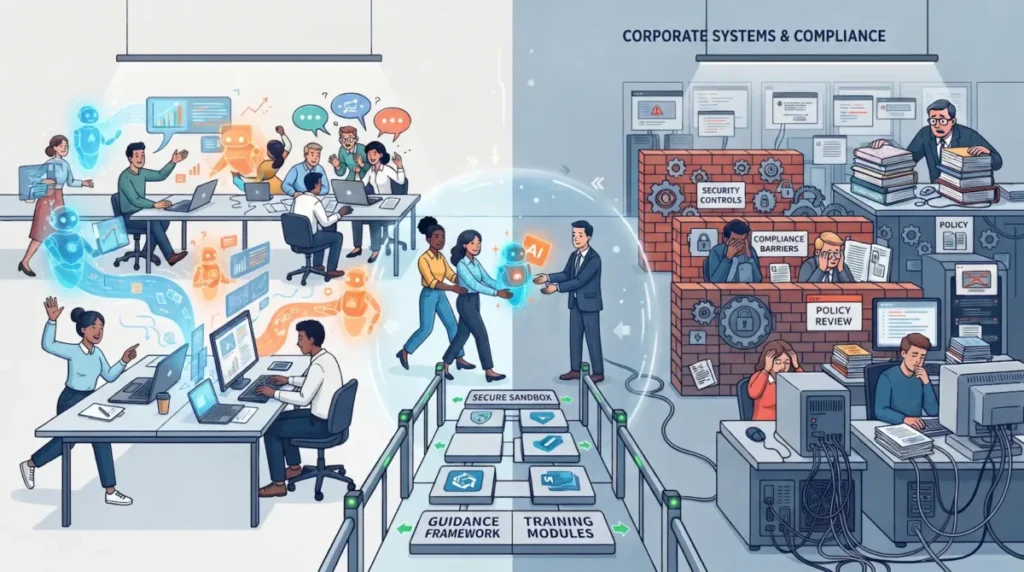 modern office divided by a subtle boundary: on one side, employees move quickly with glowing AI assistants; on the other, corporate systems, security controls and compliance barriers struggle to catch up