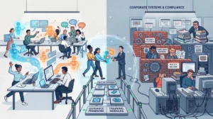 modern office divided by a subtle boundary: on one side, employees move quickly with glowing AI assistants; on the other, corporate systems, security controls and compliance barriers struggle to catch up