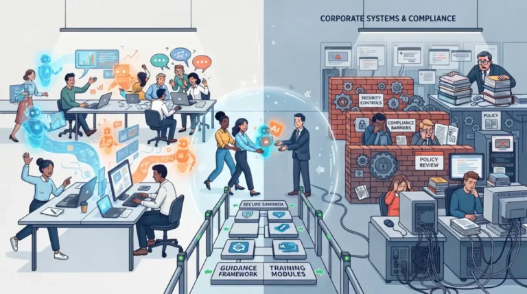 modern office divided by a subtle boundary: on one side, employees move quickly with glowing AI assistants; on the other, corporate systems, security controls and compliance barriers struggle to catch up