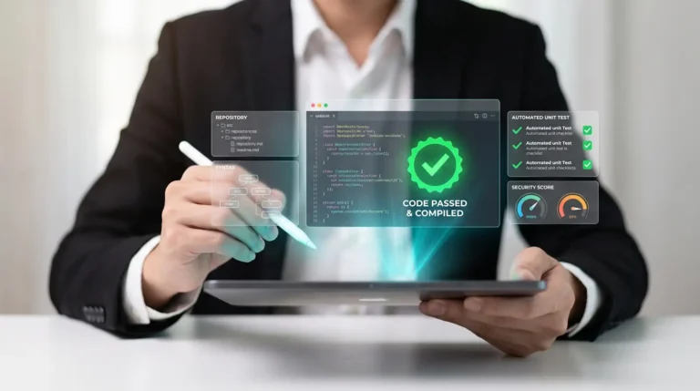 software development and automated code testing concept. business professional analyzing source code, automated unit tests