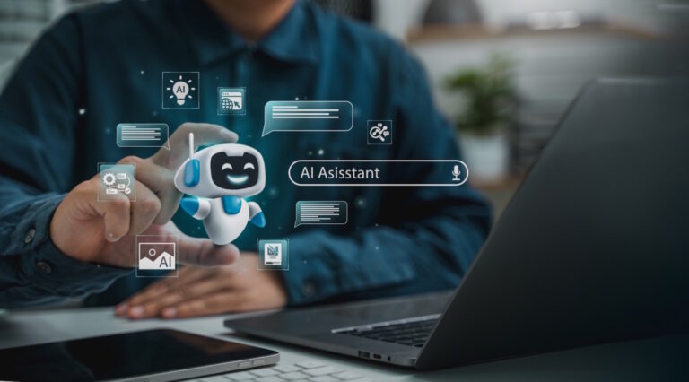 AI agent and assistant is using a laptop with cutting-edge software for visualization and content management to achieve goals, employing AI to search and gather information, analyze it, and make decisions.