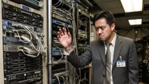 Vendor lock in showed by IT manager chained to IT infrastructure