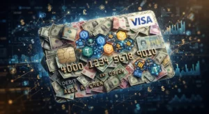 abstract image of a VISA card that is made up of a few stablecoins and much more real money