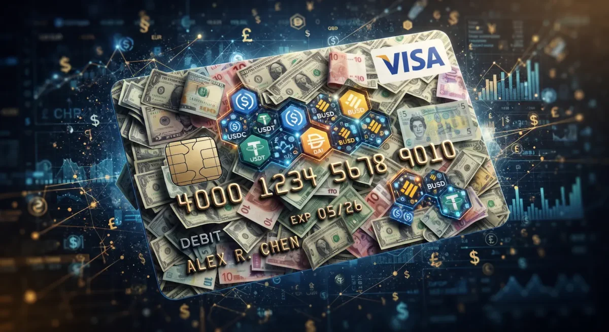abstract image of a VISA card that is made up of a few stablecoins and much more real money