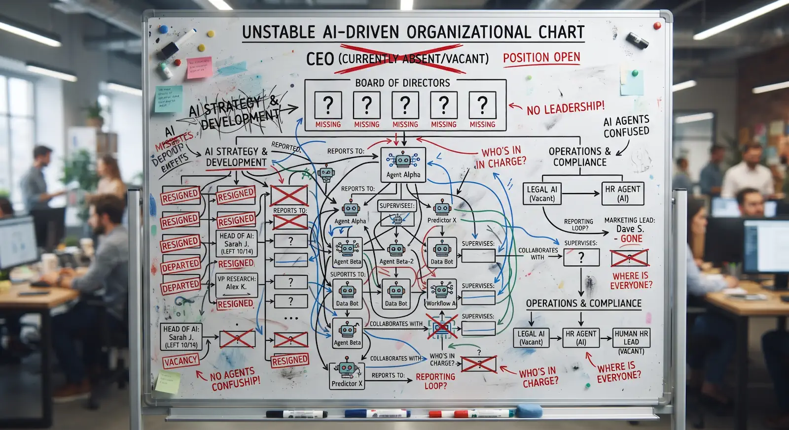 image of a confused org chart filled with AI agents and managers who have left